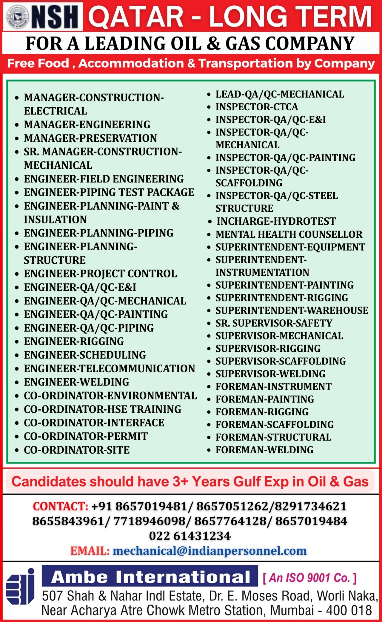 Qatar NSH Oil & Gas Jobs 2026: Long-Term Vacancies for Engineers, Inspectors and Supervisors