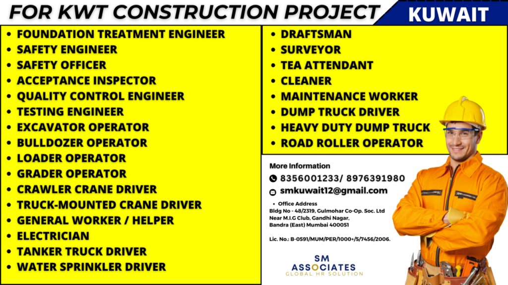Kuwait KWT Construction Project Jobs 2026: Engineers, Operators, Drivers and Workers Hiring