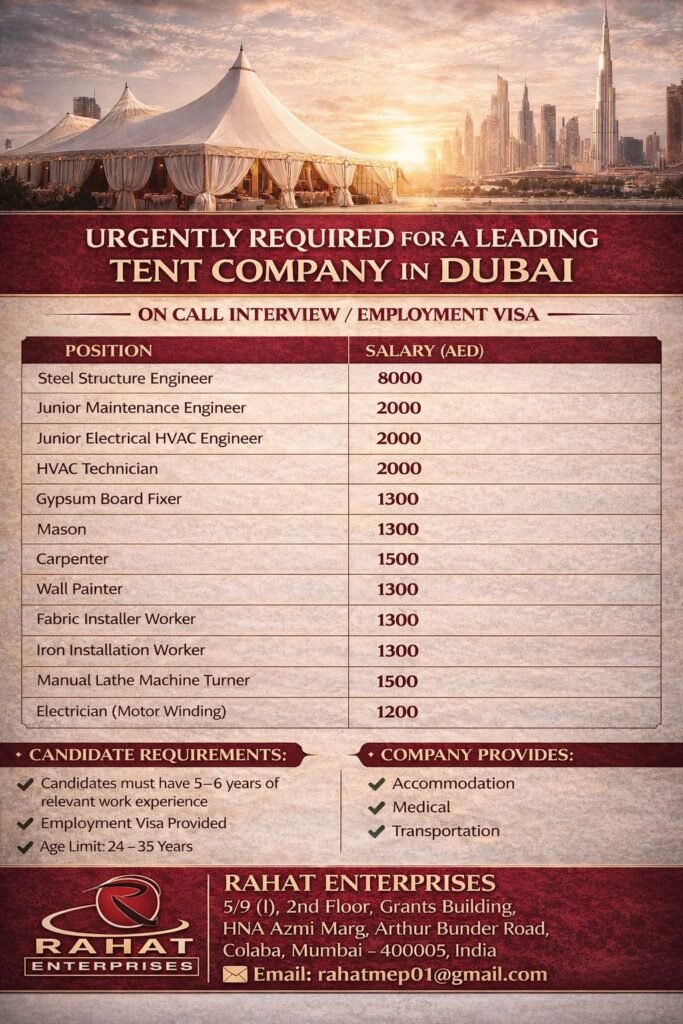 Dubai Tent Company Jobs 2026: Engineers, HVAC Technicians, Masons, Carpenters and More