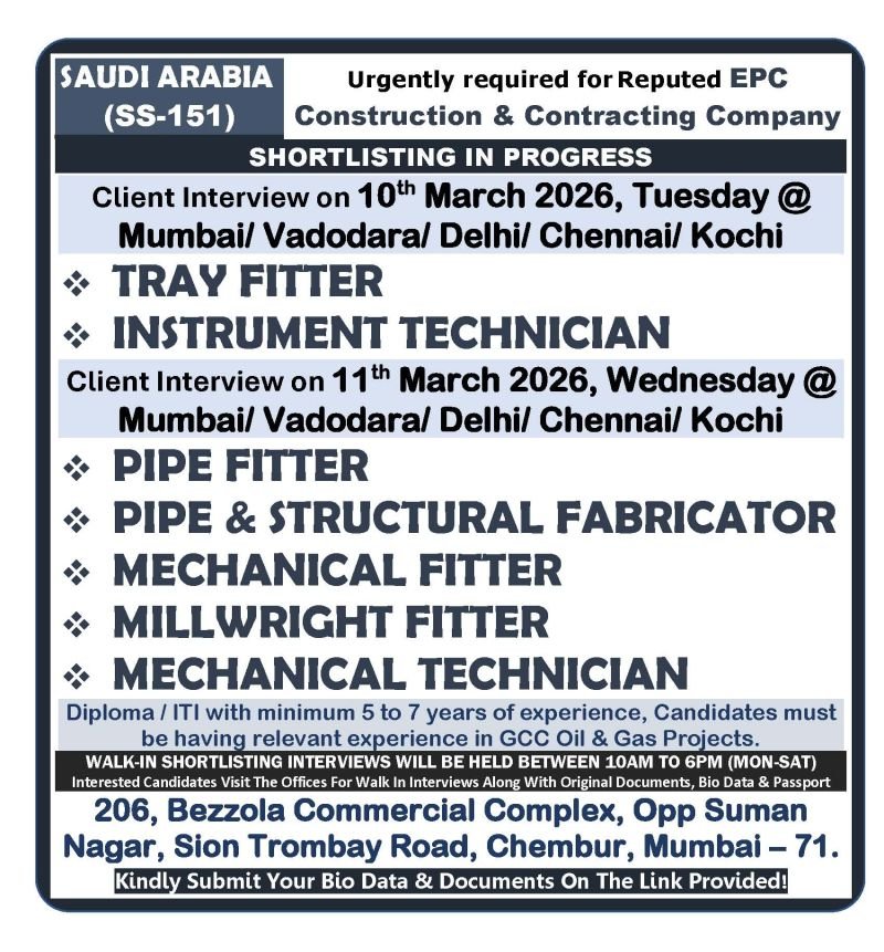 Saudi Arabia Oil and Gas Jobs 2026: Recruitment For A reputed EPC Construction and Contracting Company