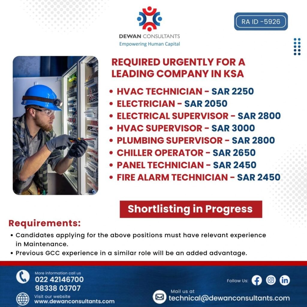 Saudi Arabia Jobs 2026: Urgently hiring skilled maintenance professionals