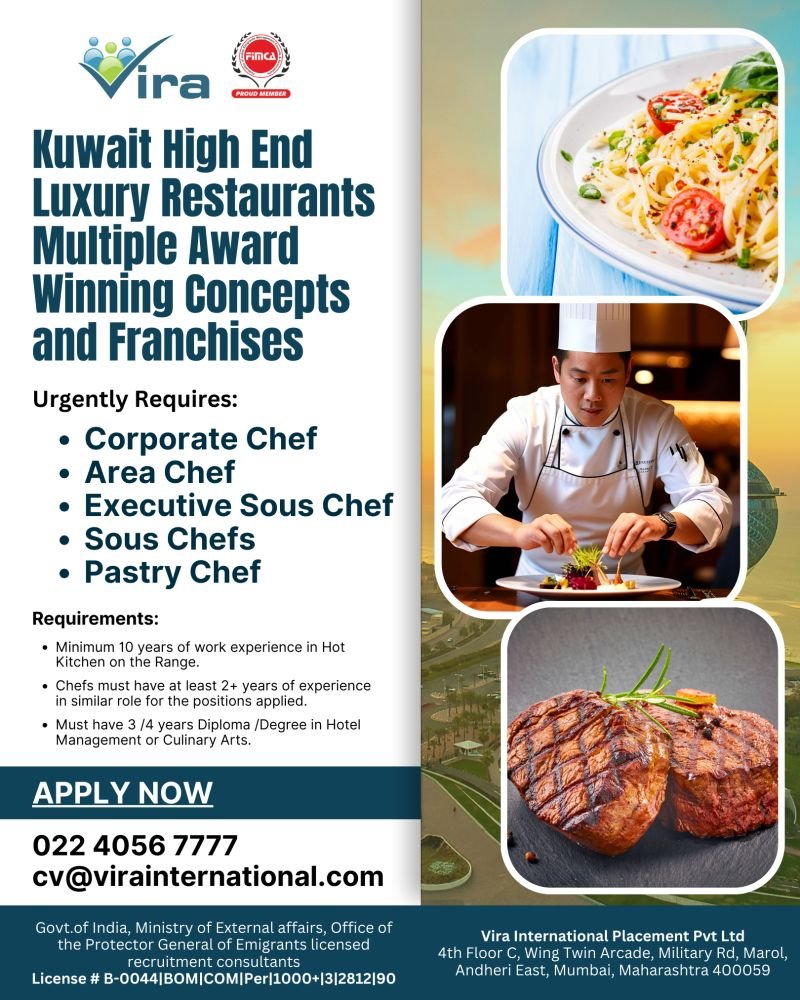 Kuwait Chef Jobs 2026: Corporate Chef, Area Chef, Sous Chef and Pastry Chef | Luxury Restaurants