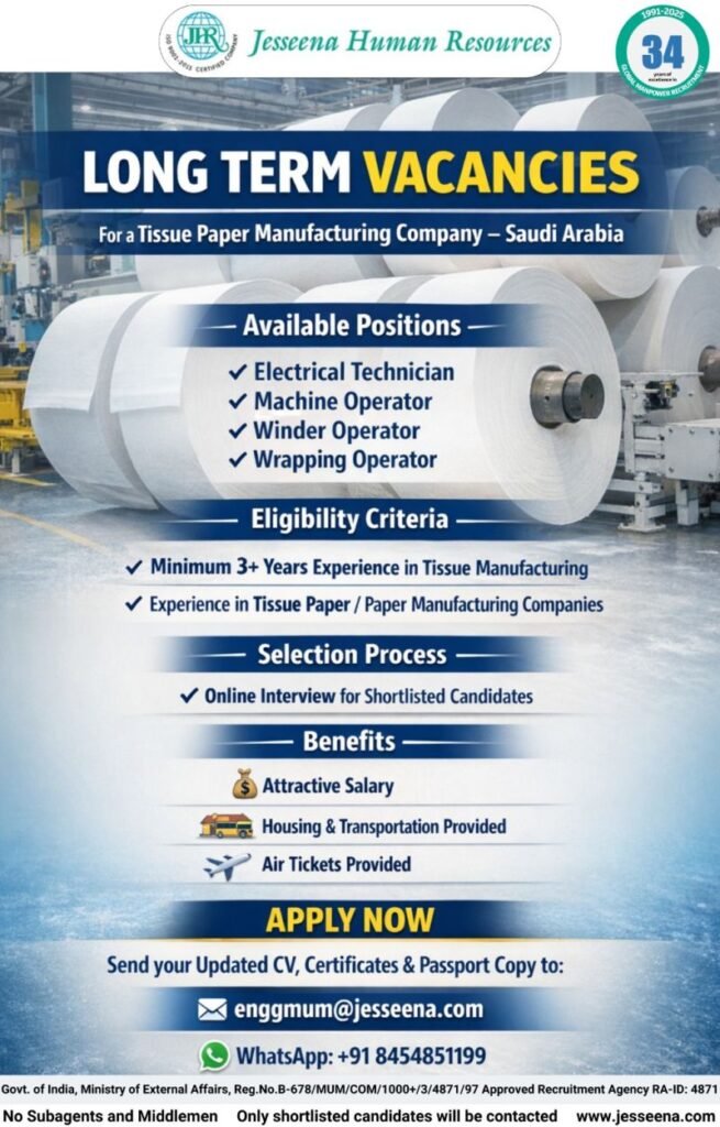 Long Term Requirements for Tissue Paper Manufacturing company in Saudi Arabia