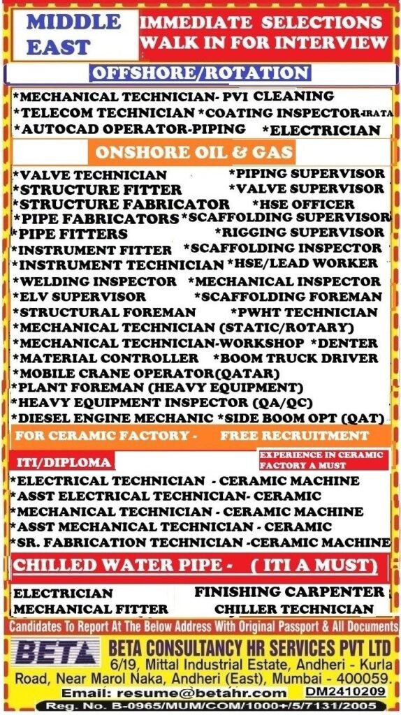 Middle East - Urgent Hiring For OIL & GAS Onshore / Offshore Project - Apply Now