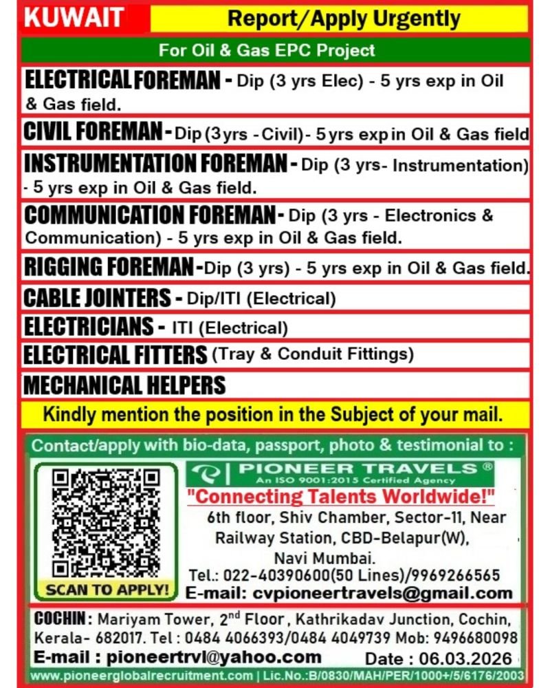 Kuwait : Hiring Urgent For Oil & Gas EPC Project