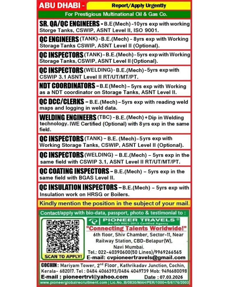 UAE Jobs 2026 : Urgent Hiring For Multinational Oil and Gas Company