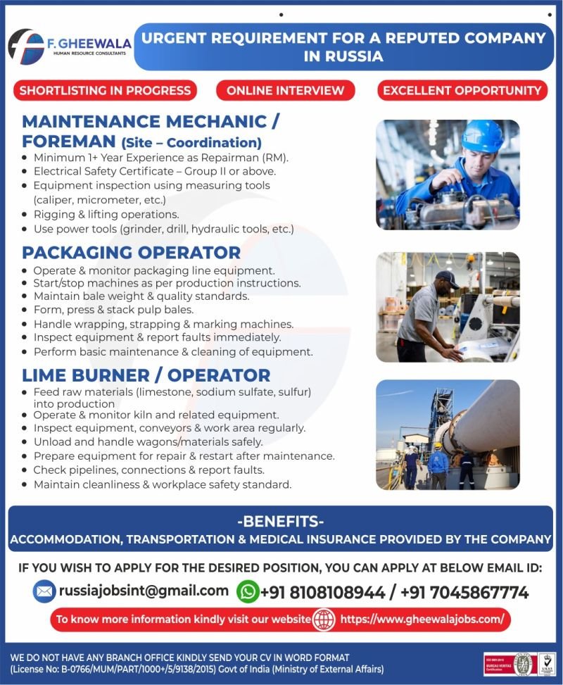 Urgent Recruitment for Reputed Company in Russia