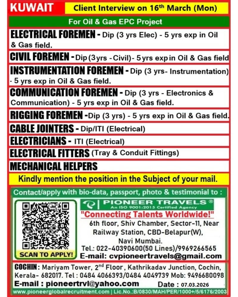 Kuwait : Hiring For Oil & Gas Project - Apply Now