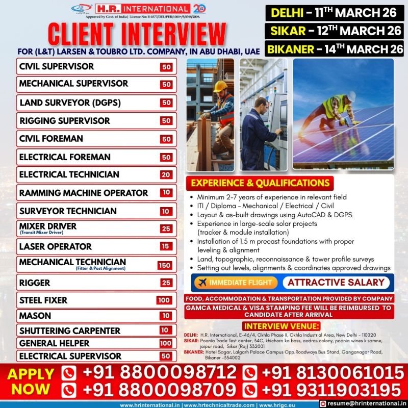 Recruitment for Larsen & Toubro Limited (L&T) – Abu Dhabi, UAE