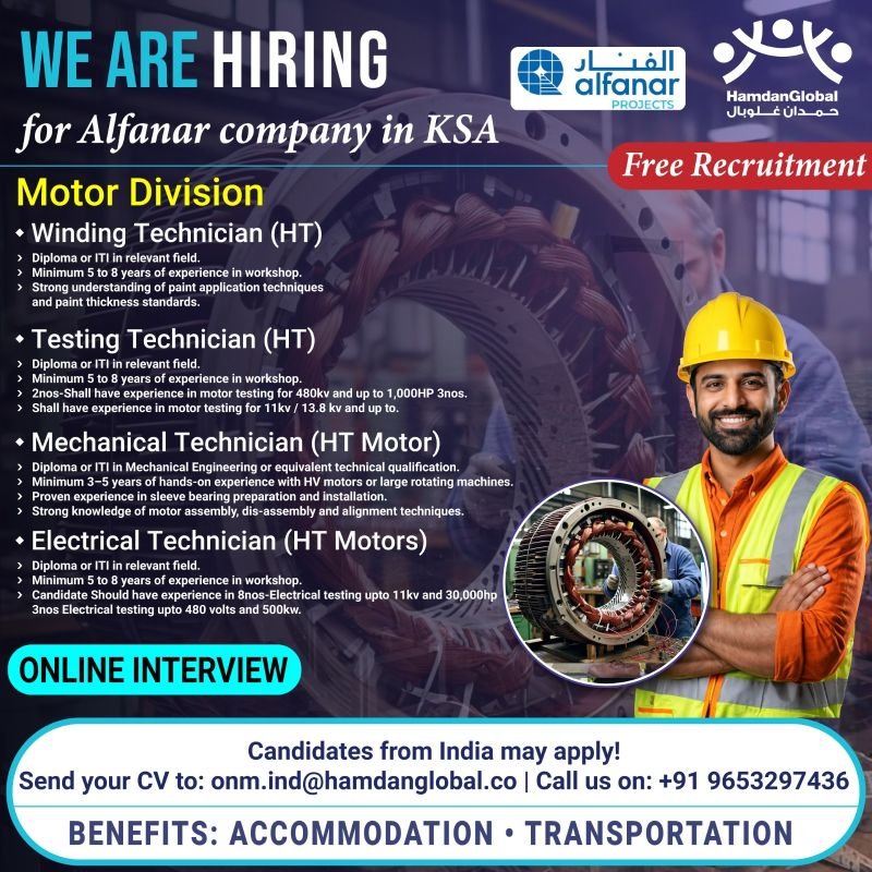 hiring for Alfanar Motor Division in Saudi Arabia - Online Interview