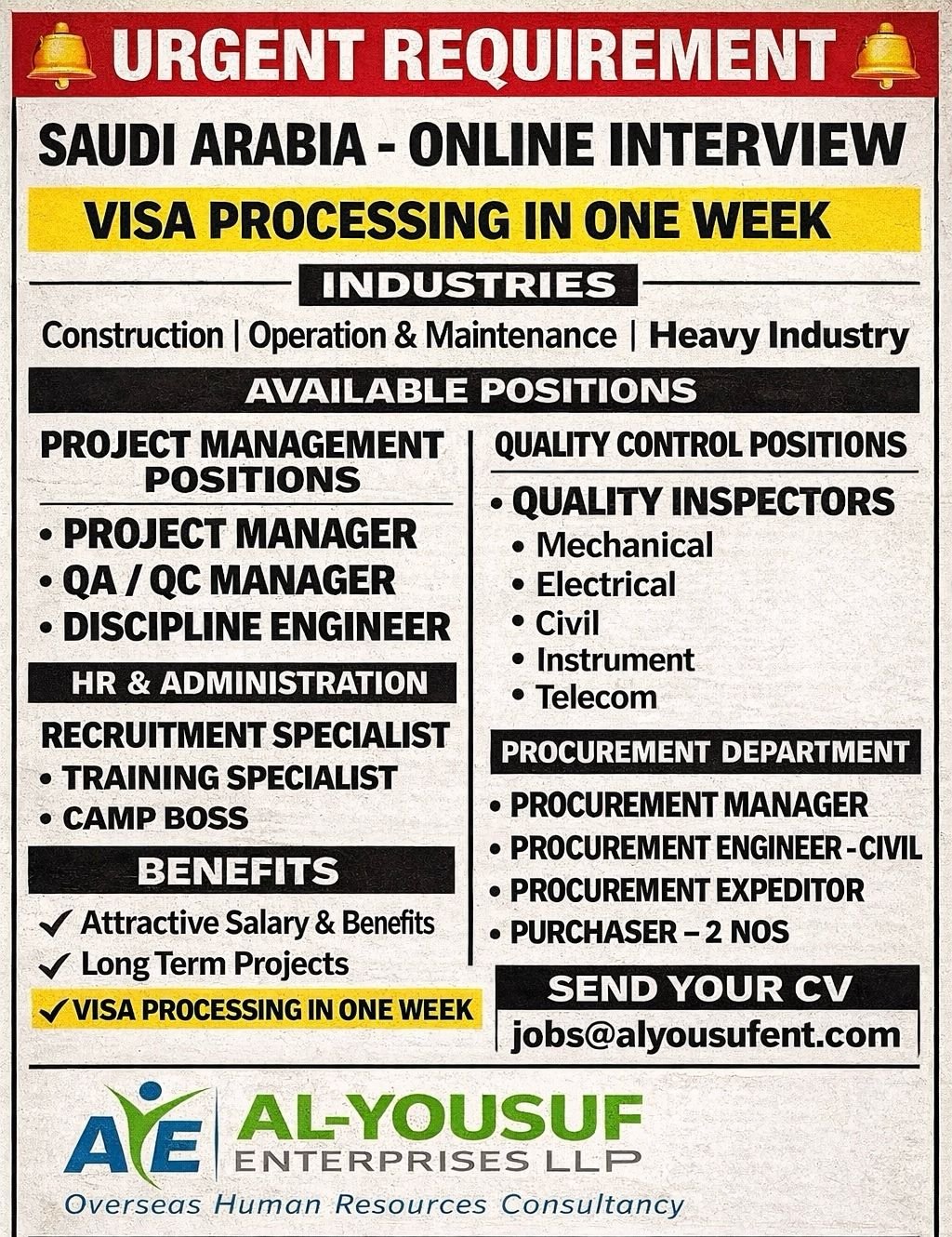 Saudi Arabia Jobs 2026 – Urgent Hiring for Construction and Heavy Industry Projects