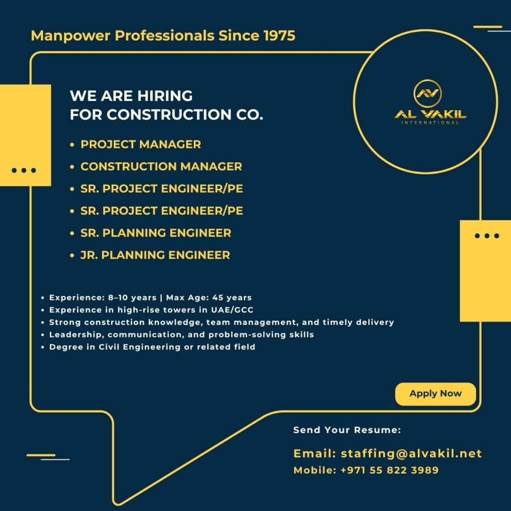 UAE : Hiring For a top-tier construction company - Apply Today