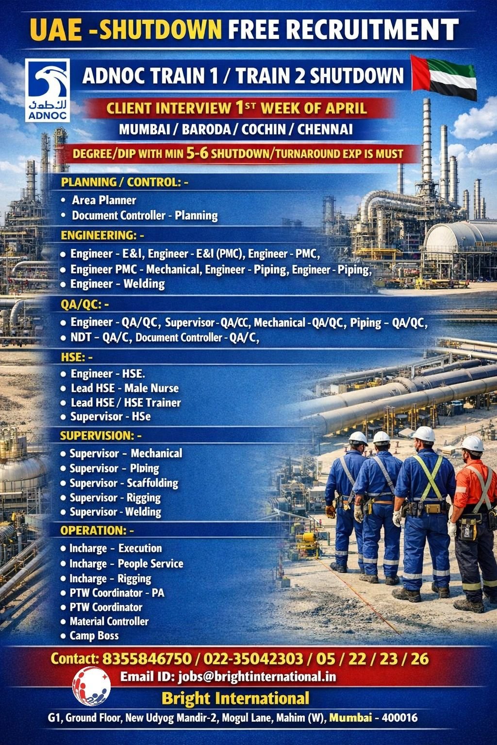 Shutdown Jobs UAE 2026 – Engineers, QA/QC, HSE & Supervisors Required