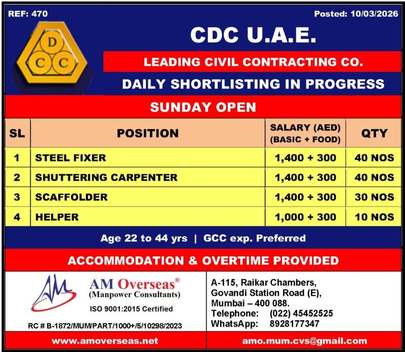 UAE Jobs 2026: CDC UAE Hiring Skilled Construction Workers 