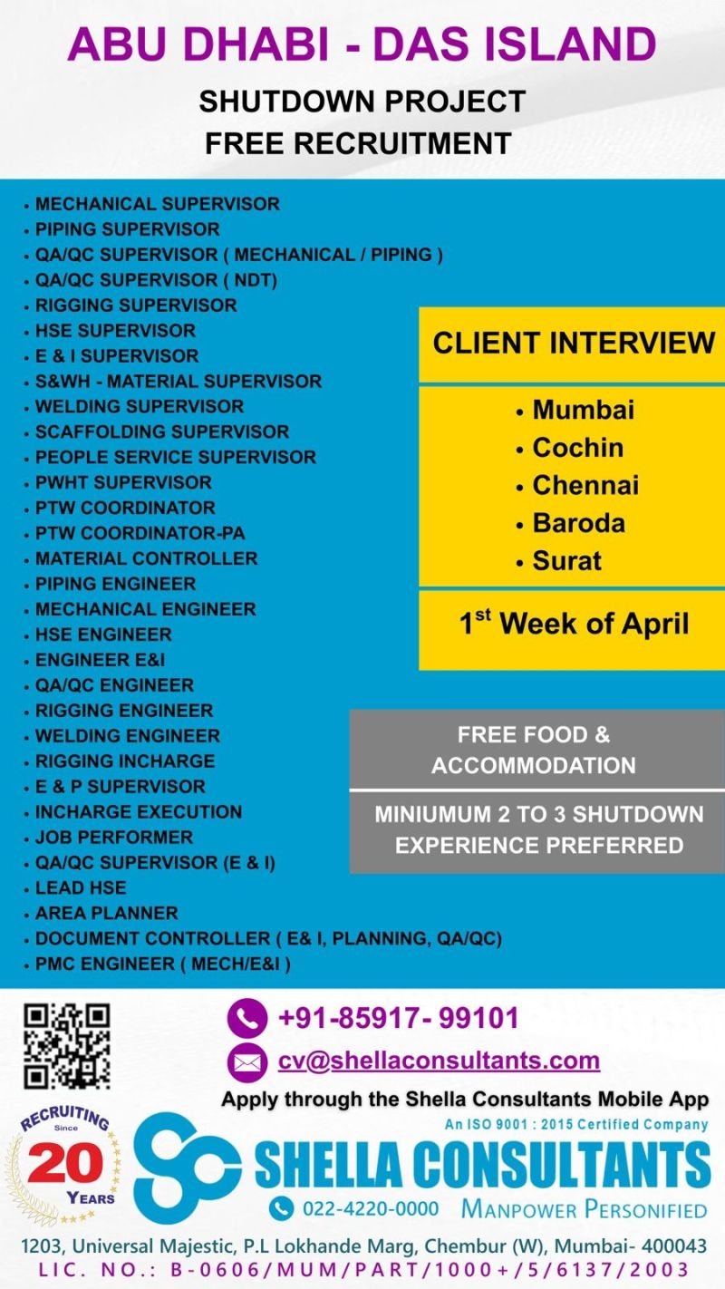 UAE Abu Dhabi DAS Island Shutdown Project Jobs 2026 – Engineers, Supervisors & Coordinators Required