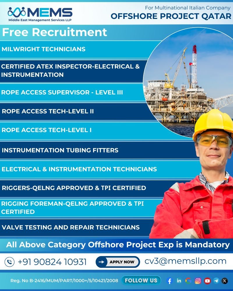 hiring for Multinational Italian Company Offshore Project in Qatar