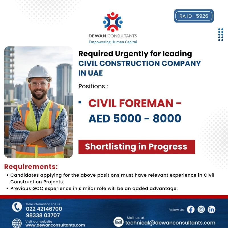 Hiring Urgently For Leading Civil Construction Company In UAE