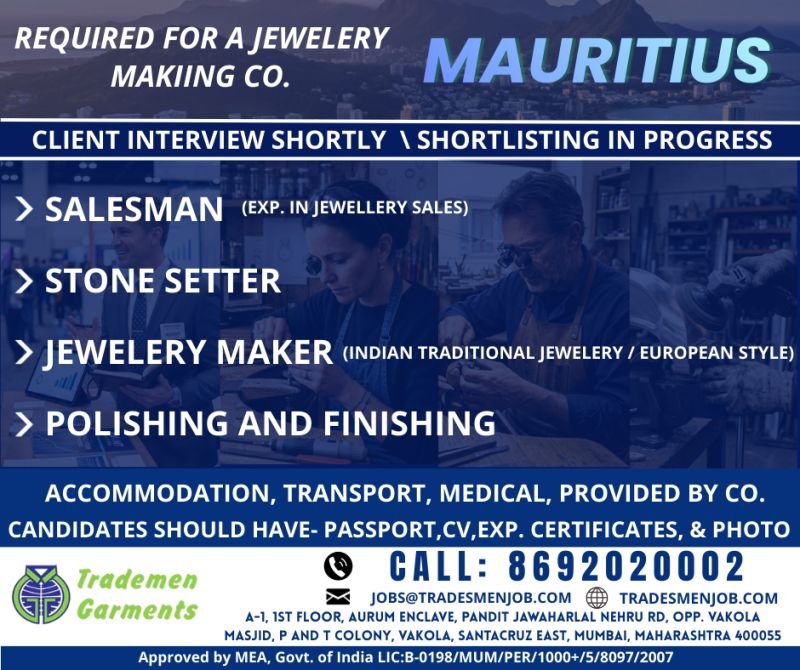 Mauritius Jobs 2026: Skilled Jewellery Professionals Required for Reputed Manufacturing Company