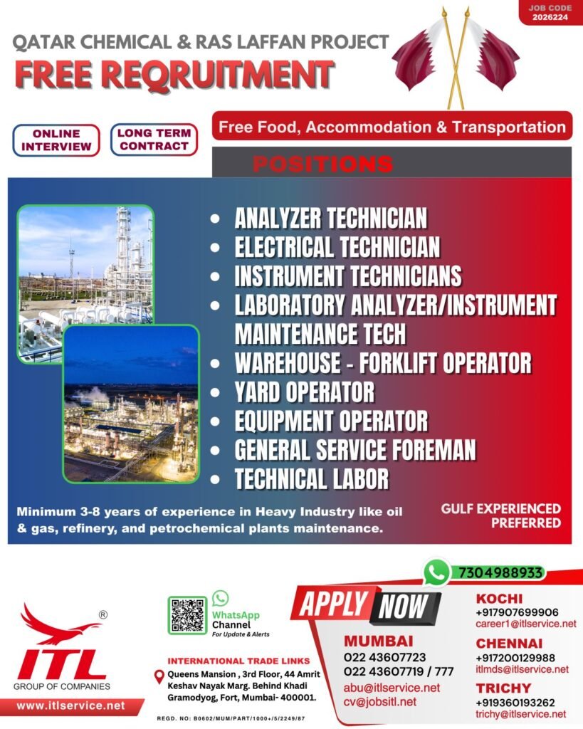 Qatar Chemical & Ras Laffan Project Jobs – Free Recruitment for Oil and Gas Professionals