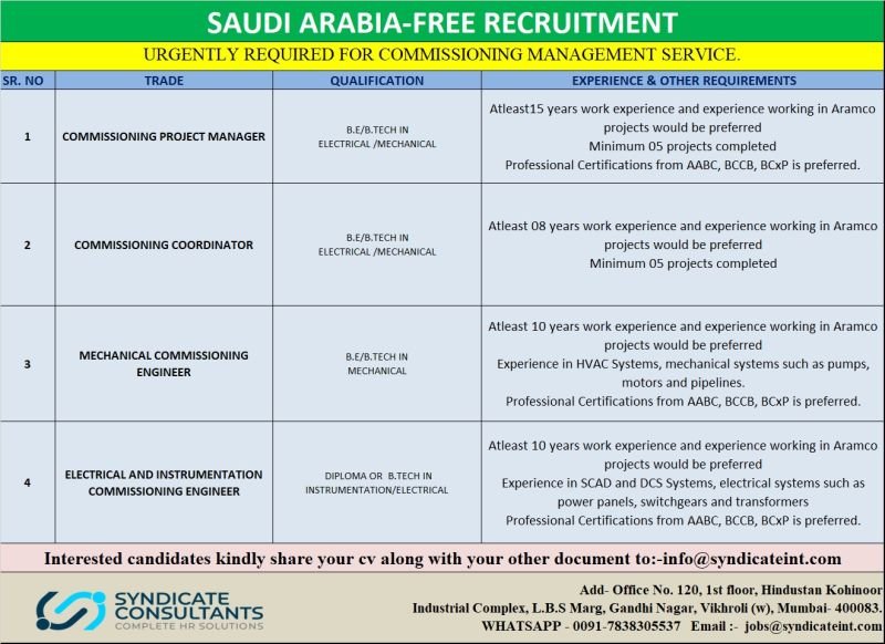 Saudi Arabia Jobs – Hiring For A Commissioning Management Services company