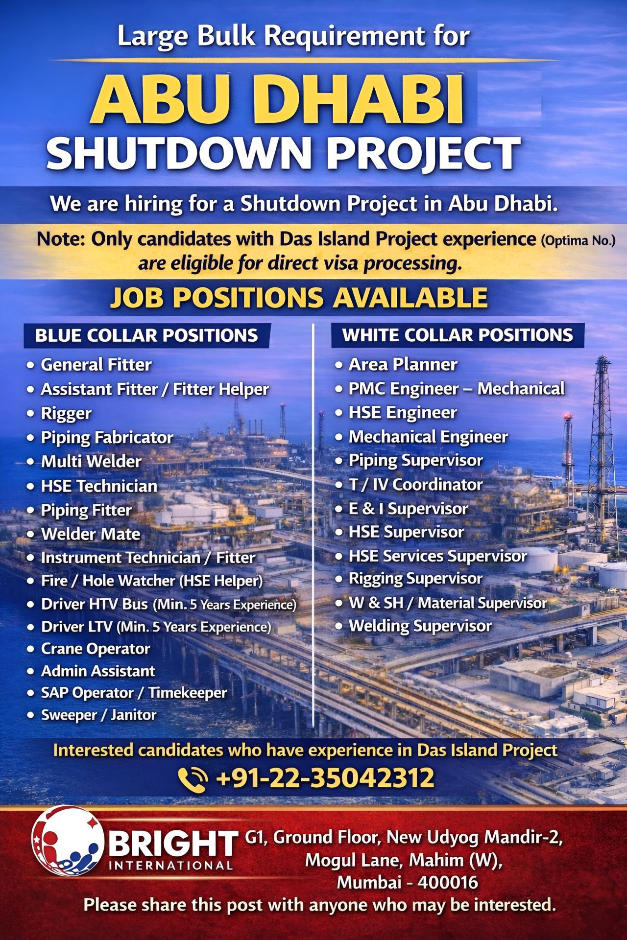 Abu Dhabi Shutdown Project Jobs – Large Bulk Recruitment