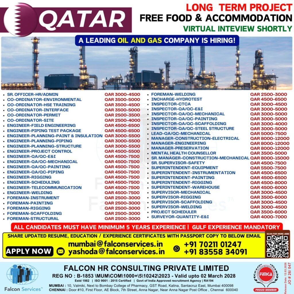 Qatar Oil & Gas Jobs – Long-Term Project (Free Food & Accommodation)