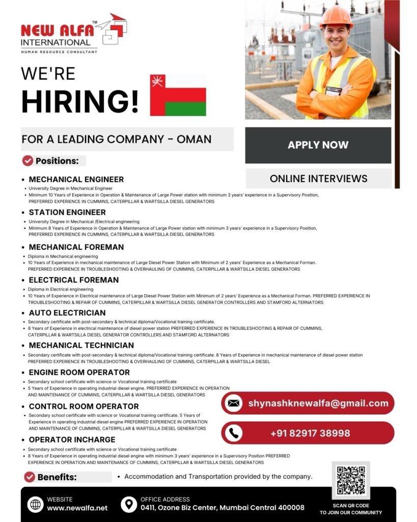 Oman Power Station Jobs – Online Interviews - Apply Now