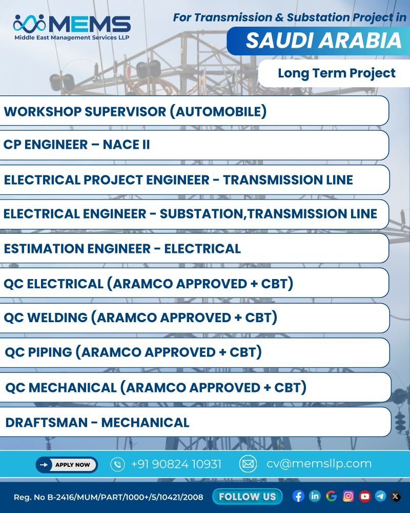 hiring for Transmission & Substation Project in Saudi Arabia