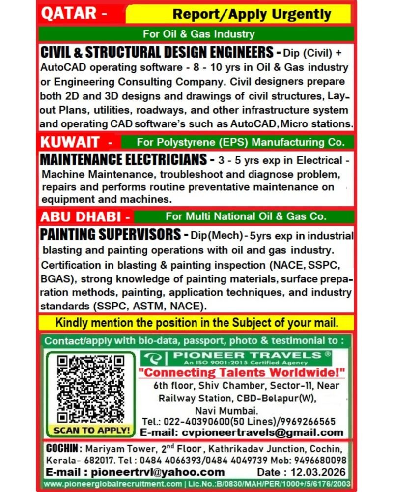 Urgent Hiring For Qatar,Kuwait & Abu Dhabi