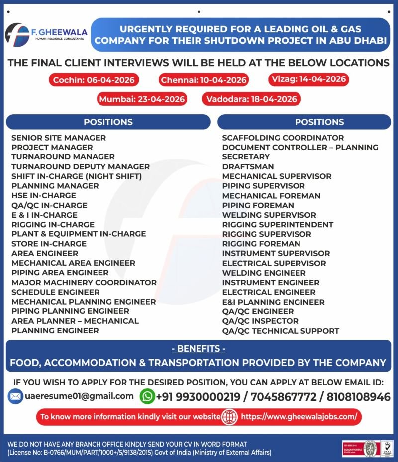 UAE : Hiring Shutdown Project for an Oil & Gas Industry in Abu Dhabi