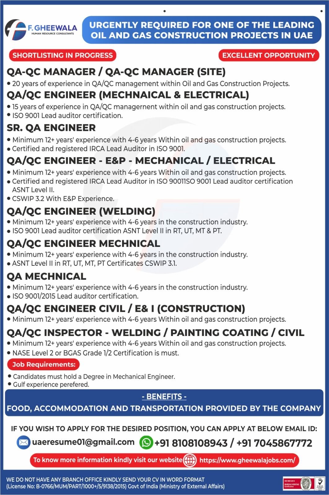 Multiple Job Openings for Oil & Gas Construction Company in UAE