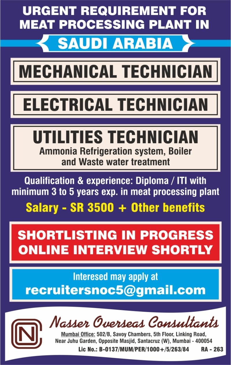 Saudi Arabia Jobs 2026 – Technicians Required for Meat Processing Plant