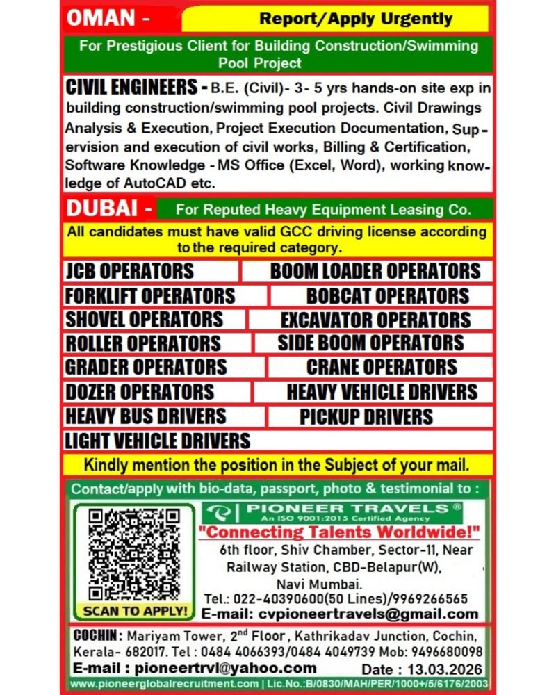 Urgent Recruitment For Oman & Dubai