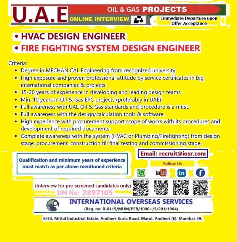 UAE : Oil & Gas Design (Support Facilities) Job Opportunities