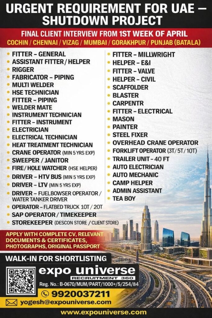 Urgent Requirement for UAE – Shutdown Project - Apply Now