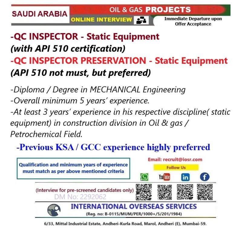 Qc Static Equipment Jobs in Saudi Arabia - Apply Now