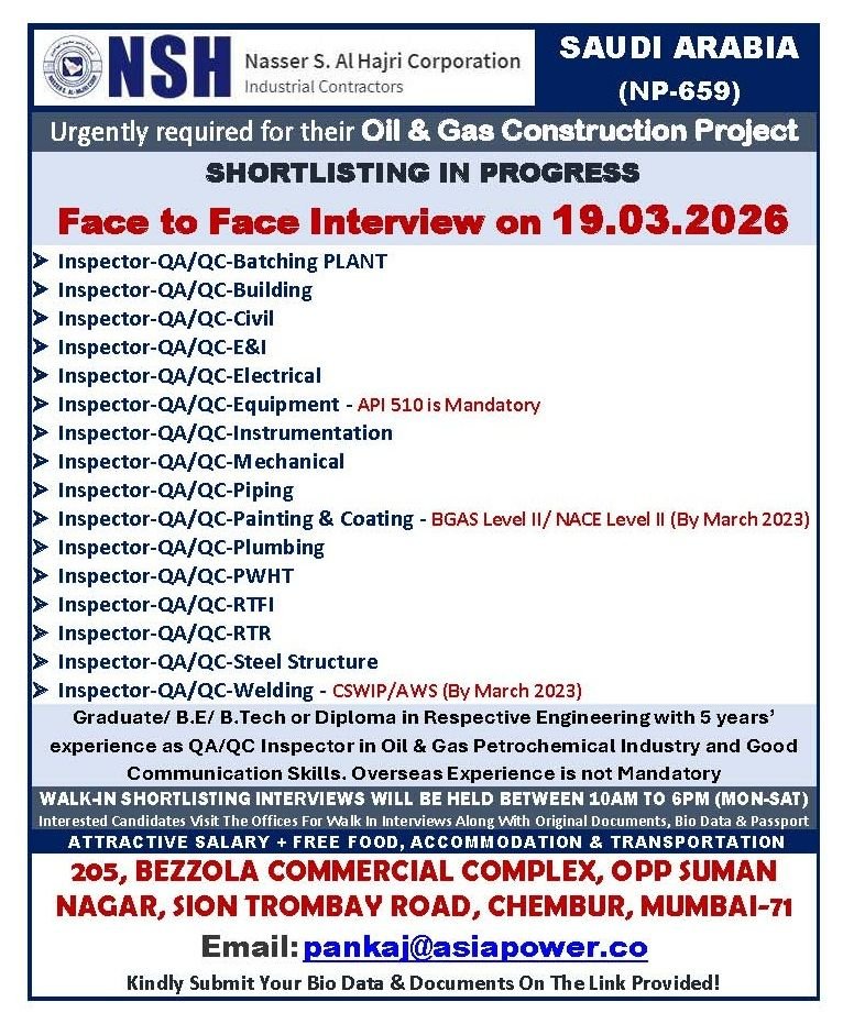 Saudi Arabia Oil and Gas Jobs 2026 – Vacancies for NSH Project | Interview on 19 March