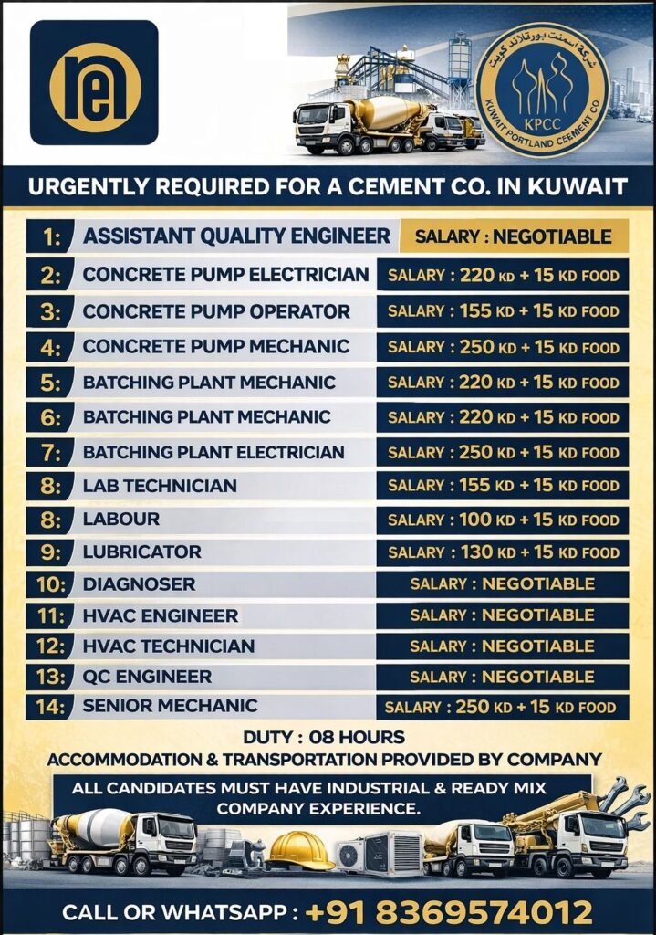 Urgently Required For A Cement Co. In Kuwait - Apply Now