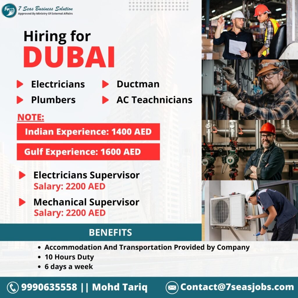 Dubai Jobs 2026 – Electricians, Plumbers and AC Technicians Required