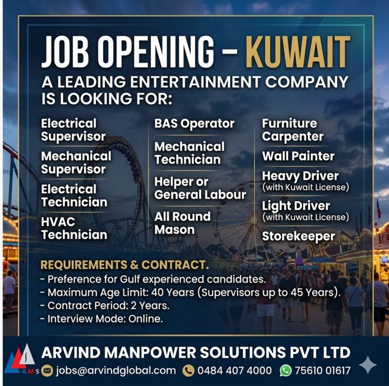 Job Vacancies in Kuwait – Hiring For A leading entertainment company | Apply Online