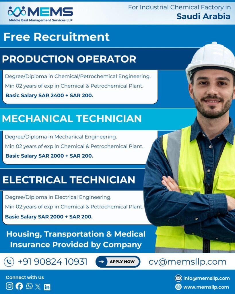 Free Recruitment for Chemical Factory Jobs in Saudi Arabia โ Apply Now Free Recruitment for Chemical Factory Jobs in Saudi Arabia โ Apply Now