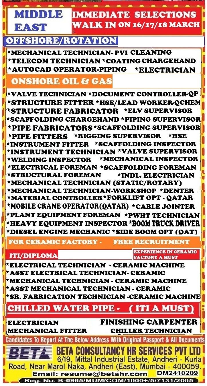Middle East Job Vacancies – Immediate Walk-In Interview | Oil & Gas, Offshore & Ceramic Factory Jobs