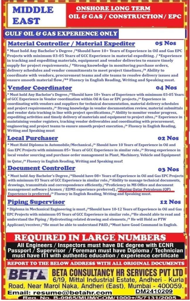 Middle East Oil & Gas Jobs – Long Term EPC Project Vacancies | Walk-In Interview Middle East Oil & Gas Jobs – Long Term EPC Project Vacancies | Walk-In Interview