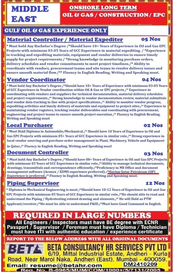 Middle East Oil & Gas Jobs – Long Term EPC Project Vacancies | Walk-In Interview