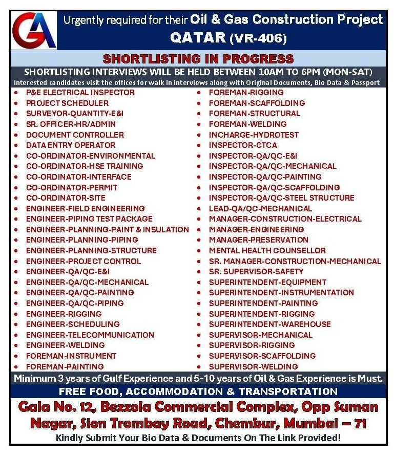 Qatar Oil & Gas Construction Jobs – Multiple Engineering and Supervisor Vacancies