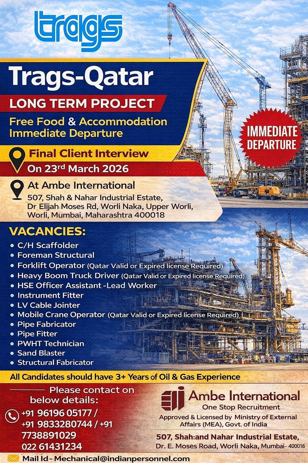 Qatar Oil & Gas Jobs – TRAGS Qatar Long Term Project | Immediate Departure