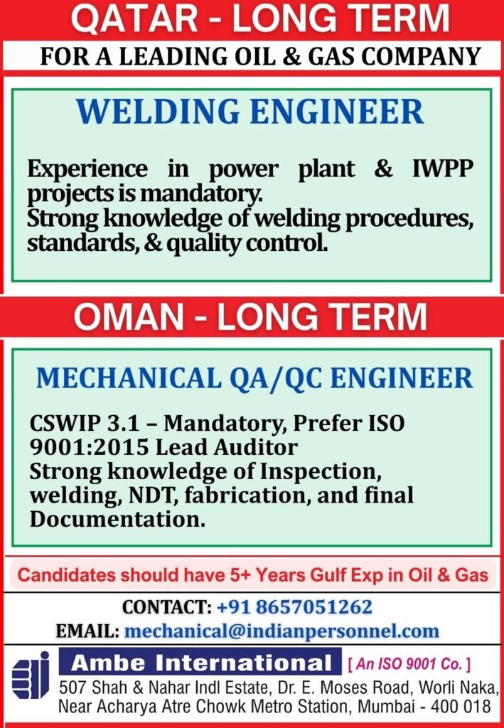 Welding Engineer Jobs in Qatar (Long-Term)