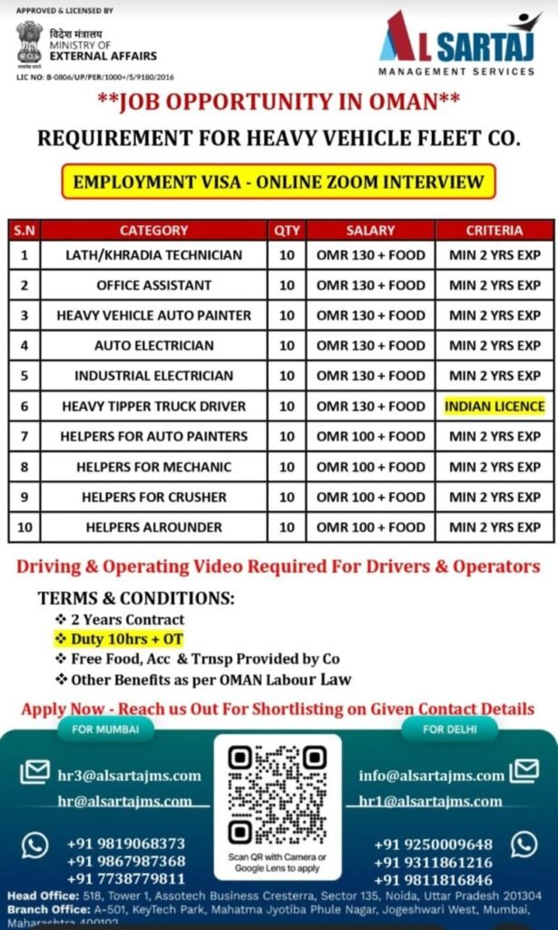 Job Opportunities in Oman | Heavy Vehicle Fleet Company - Apply Now