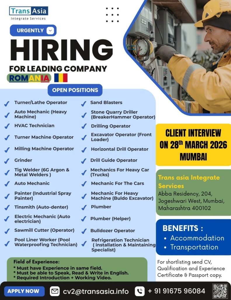 Romania Job Vacancies 2026 – Apply for Skilled Trade & Operator Roles