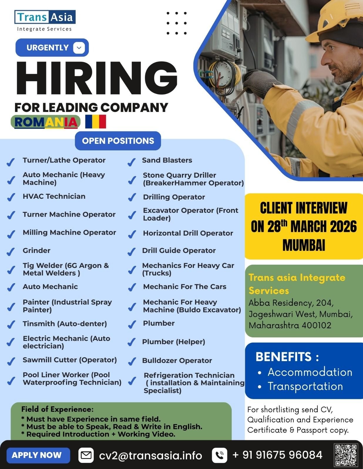 Romania Job Vacancies 2026 – Apply for Skilled Trade & Operator Roles